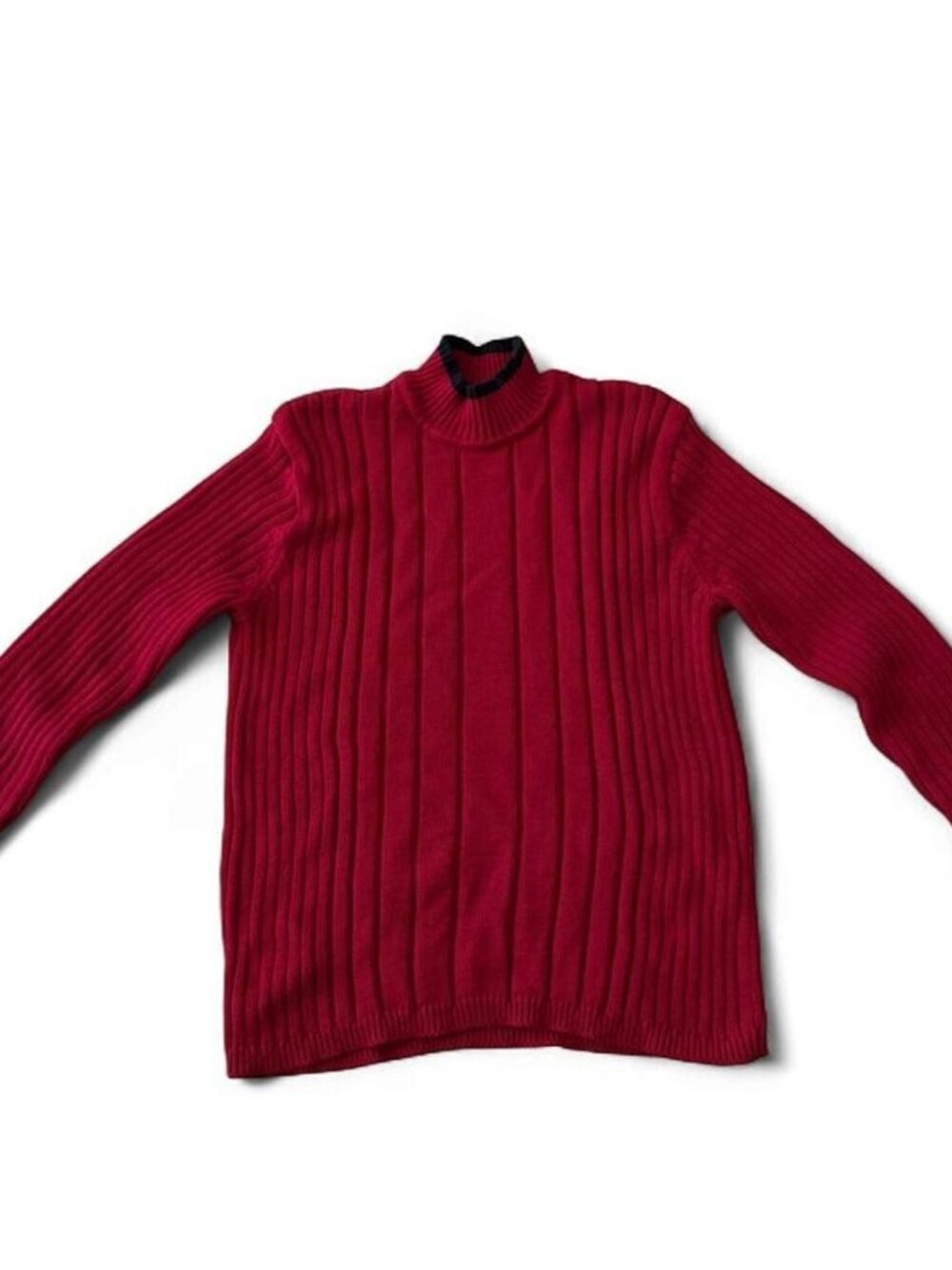 CHARTER CLUB Red Ribbed Mock Neck Sweater Navy Tipped Cuffs Preppy Classic S